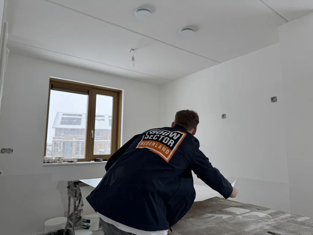 Behanger in werkjas trekt een ingelijmde baan van de plaktafel in een kamer met kale wanden